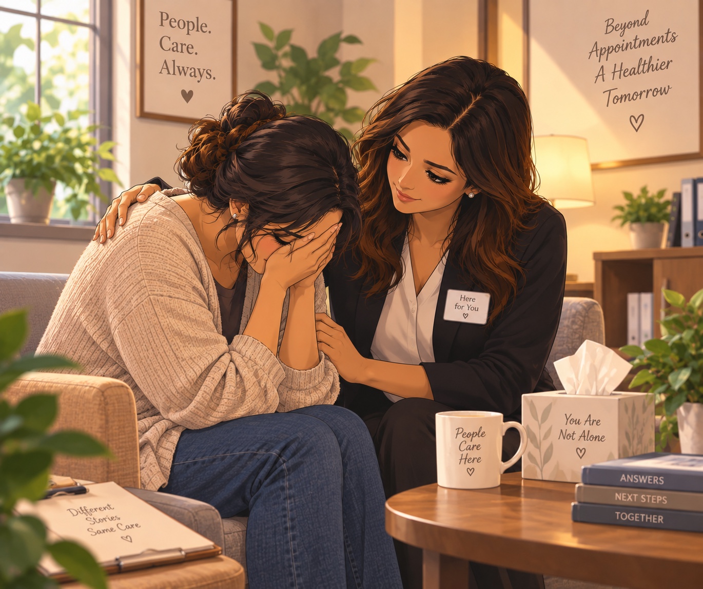 Illustration of a medical office team member comforting a patient in a warm and welcoming office.