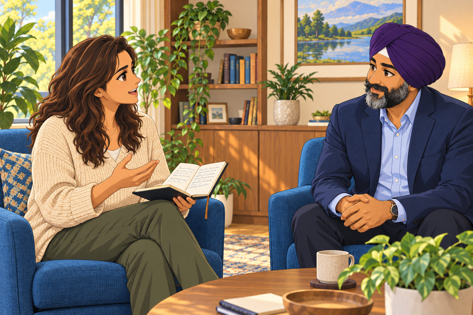 Anime illustration of a patient sharing her notebook with a kind Sikh psychiatrist wearing a purple turban during a follow-up visit.