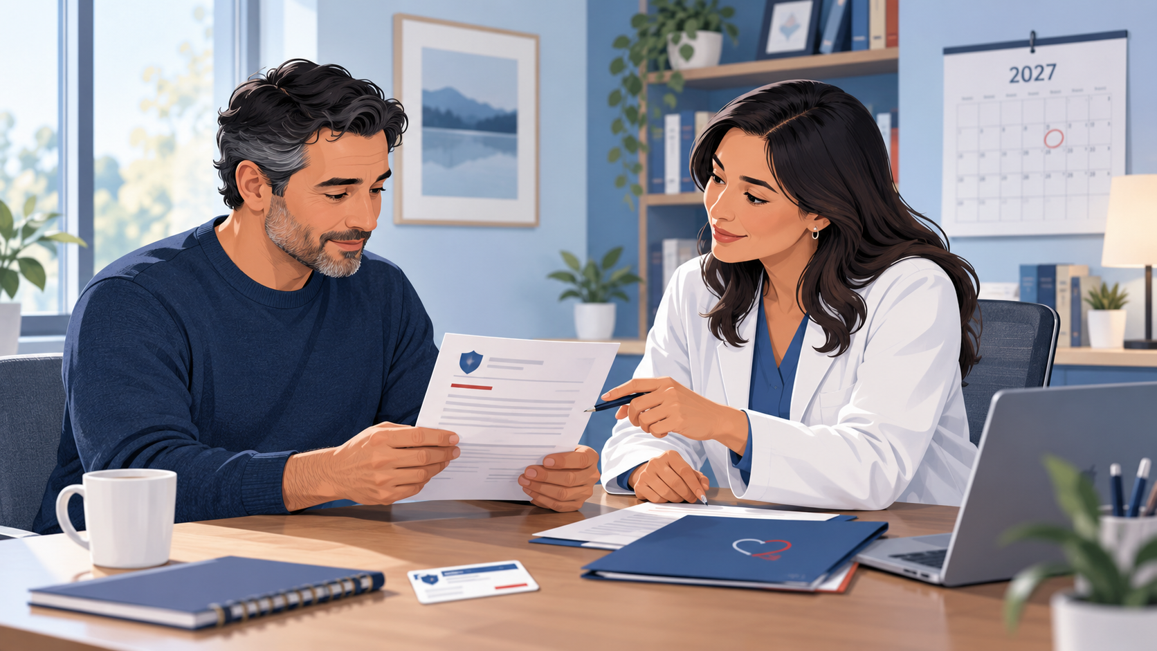 A patient and healthcare professional review an insurance notice with a 2027 calendar behind them.