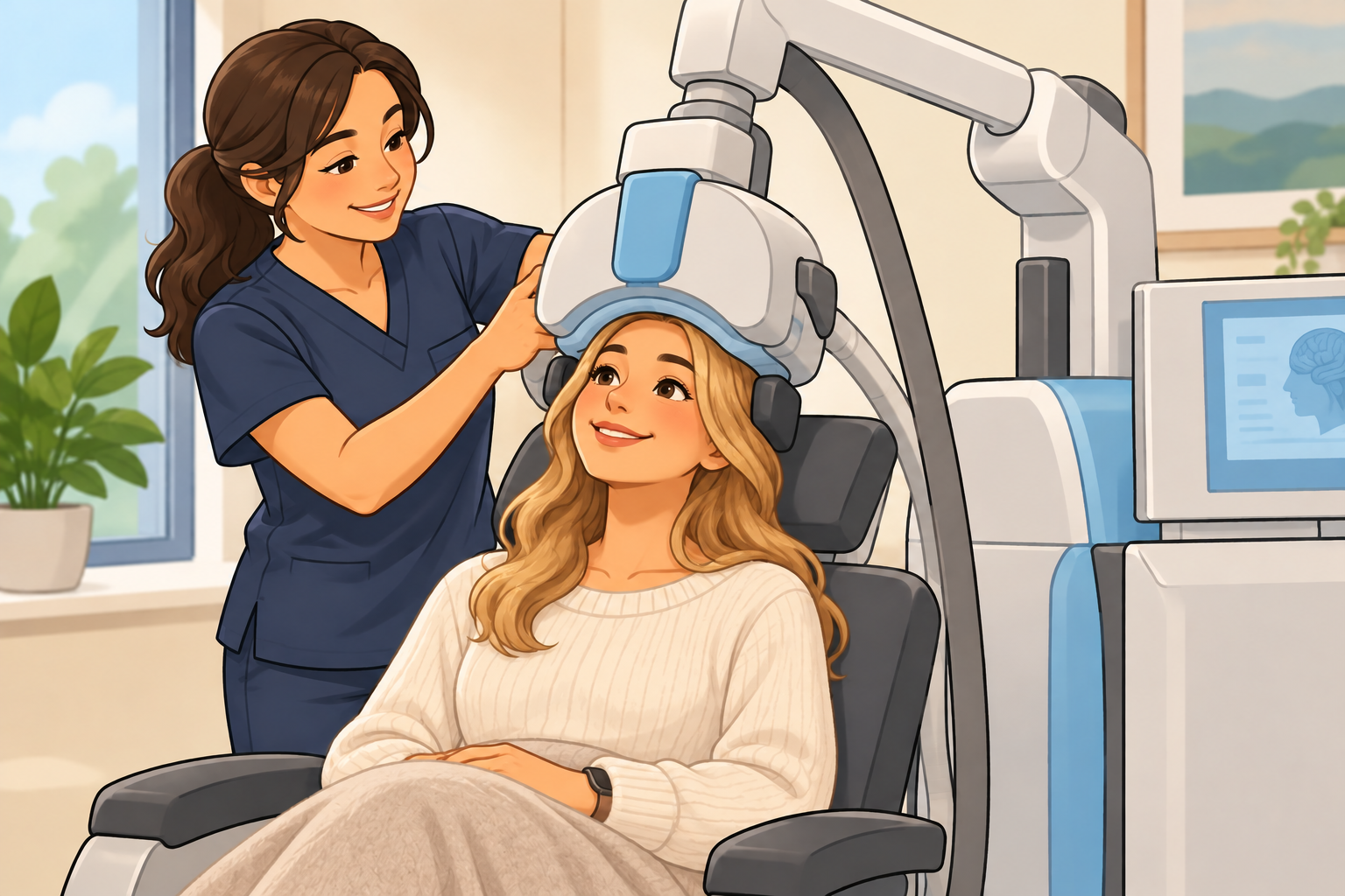 A smiling blonde patient receives TMS while a technician places the helmet.