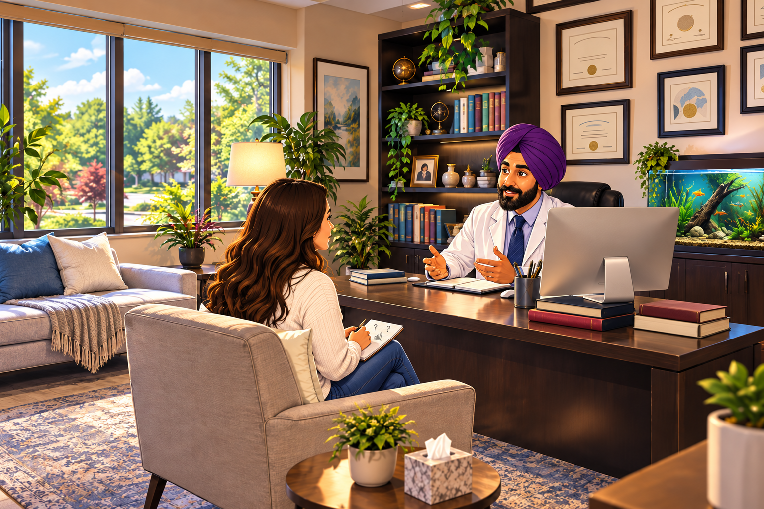 A patient holding notes while speaking with a kind Sikh psychiatrist wearing a purple turban in a warm, welcoming office.